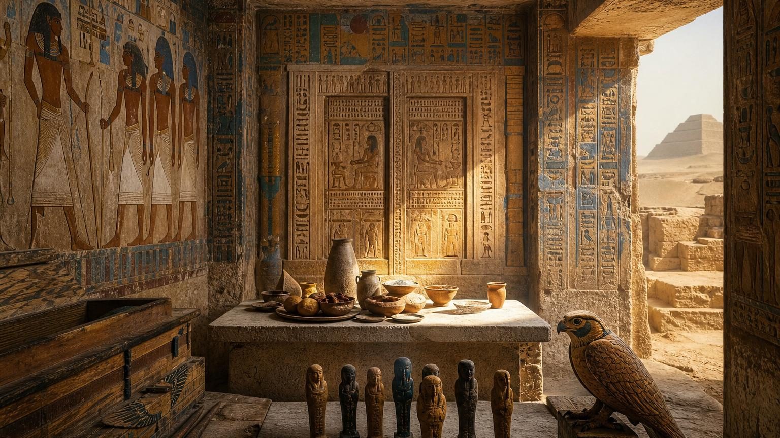 Vue d'une tombe égyptienne ancienne avec inscriptions hiéroglyphiques, table d'offrandes et fausse porte en pierre, datant de plus de 4 000 ans à Saqqarah