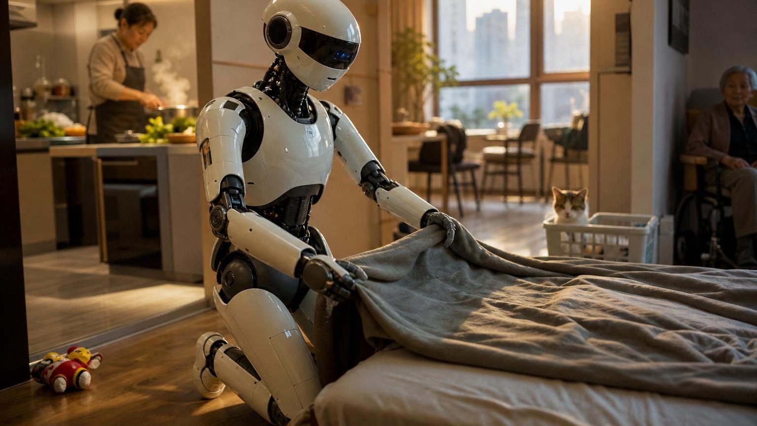Robot humanoïde gris et blanc dans un salon moderne, manipulant délicatement un vêtement plié près d'une table basse, avec des objets dispersés autour.