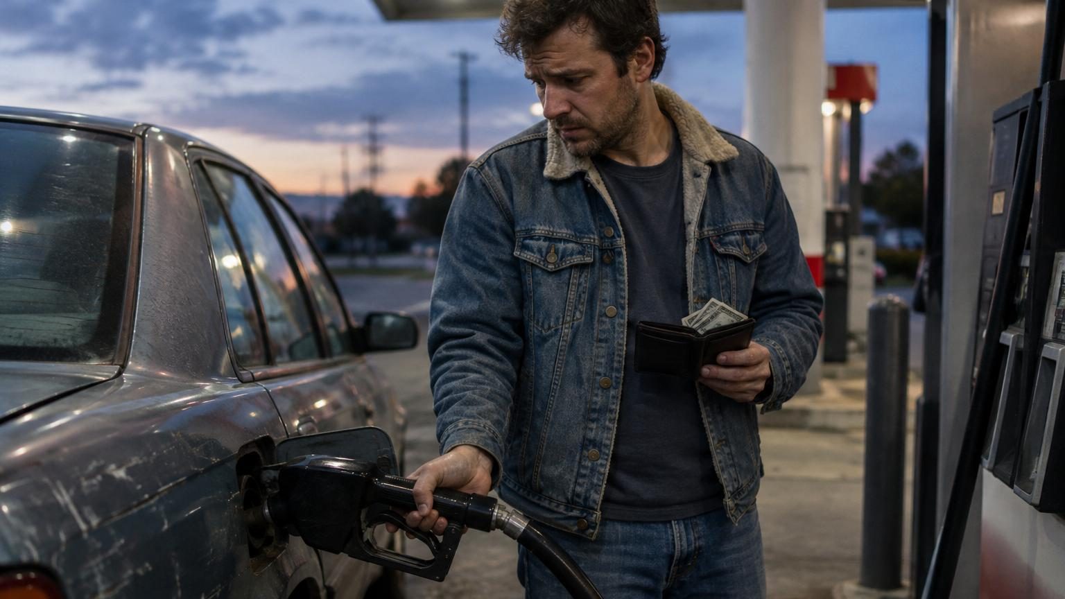 Station-service avec plusieurs pompes à essence, client versant du carburant dans le réservoir d'une automobile ordinaire.