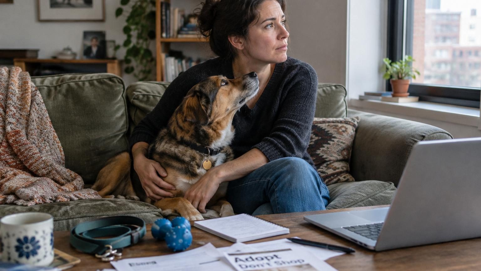 Portrait d'un chien brun et blanc regardant affectueusement son propriétaire dans un intérieur chaleureux