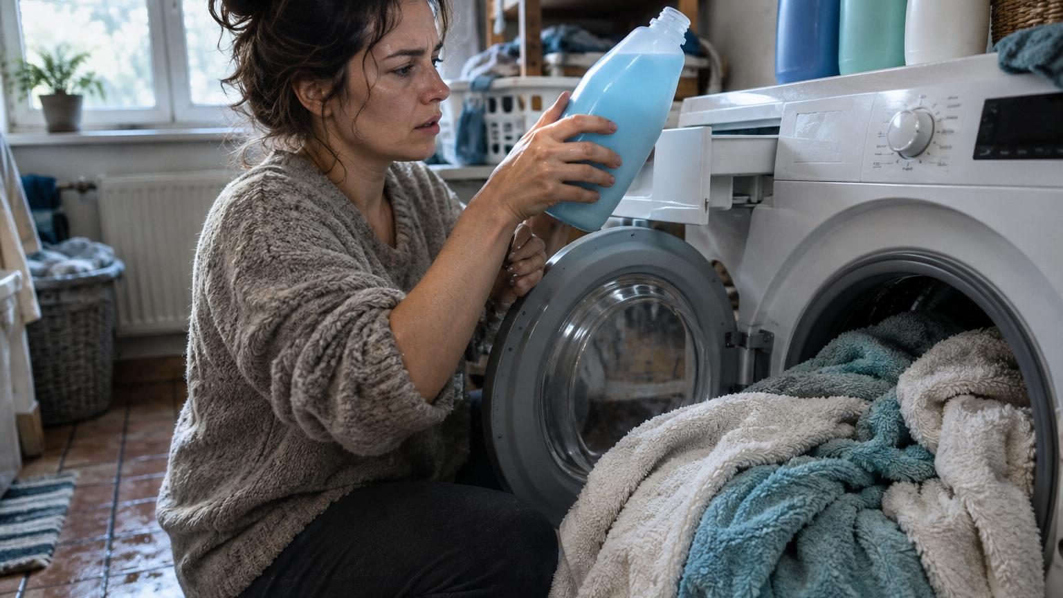 Gros plan sur une serviette blanche moelleuse avec des gouttes d'eau, symbolisant l'absorption textile et les soins du linge de bain.