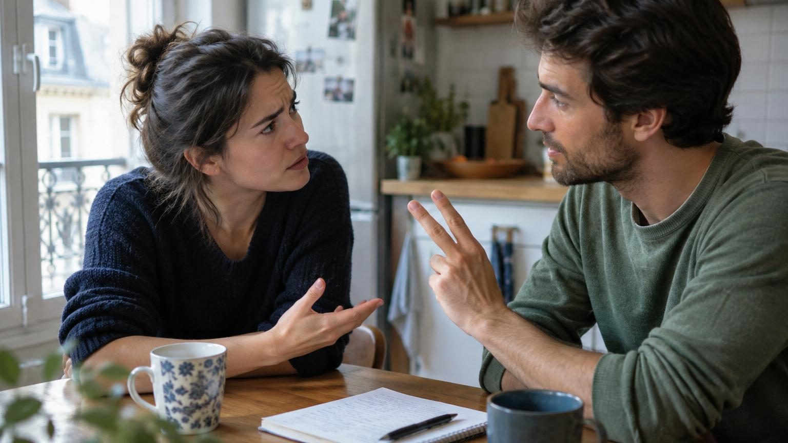 Deux femmes assises autour d'un cappuccino discutent, l'une expliquant la méthode Naikan à l'autre pour transformer leur regard sur leur relation de couple.