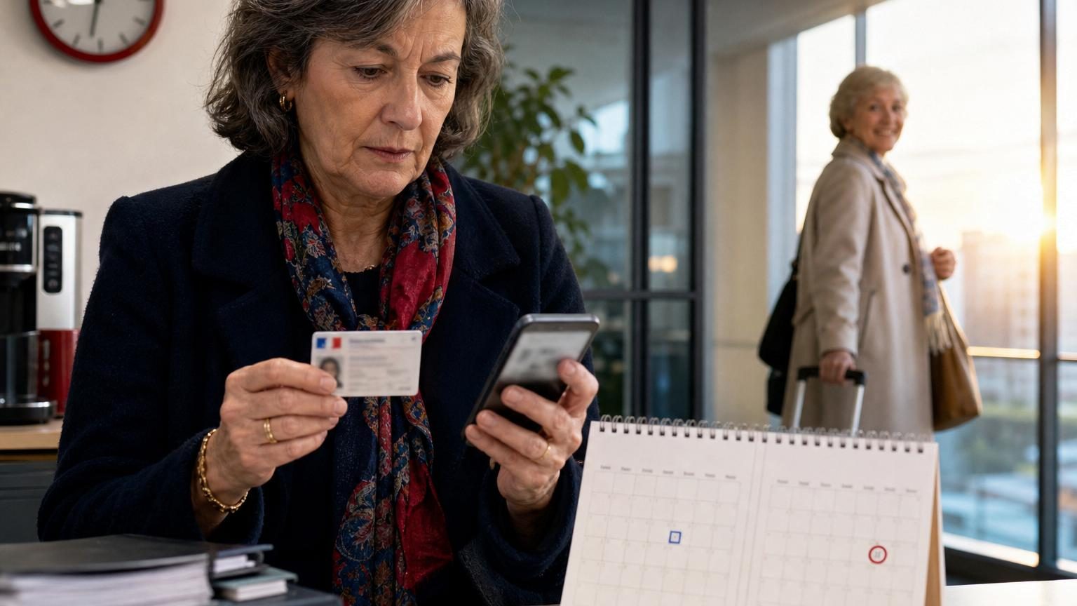 Une femme tenant un téléphone devant une machine à café au bureau, consultant un simulateur de retraite avec une expression réfléchie.
