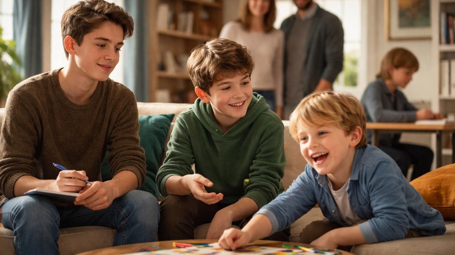 Illustration montrant trois enfants d'âges différents représentant l'aîné sérieux et responsable, l'enfant du milieu médiateur, et le benjamin souriant et insouciant, avec des symboles distinguant leurs rôles familiaux typiques.