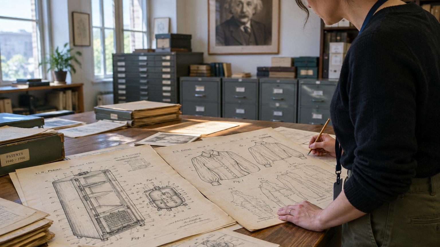 Portrait d'Albert Einstein portant des vêtements de laboratoire, entouré de schémas techniques et de plans de brevets illustrant ses inventions pratiques.