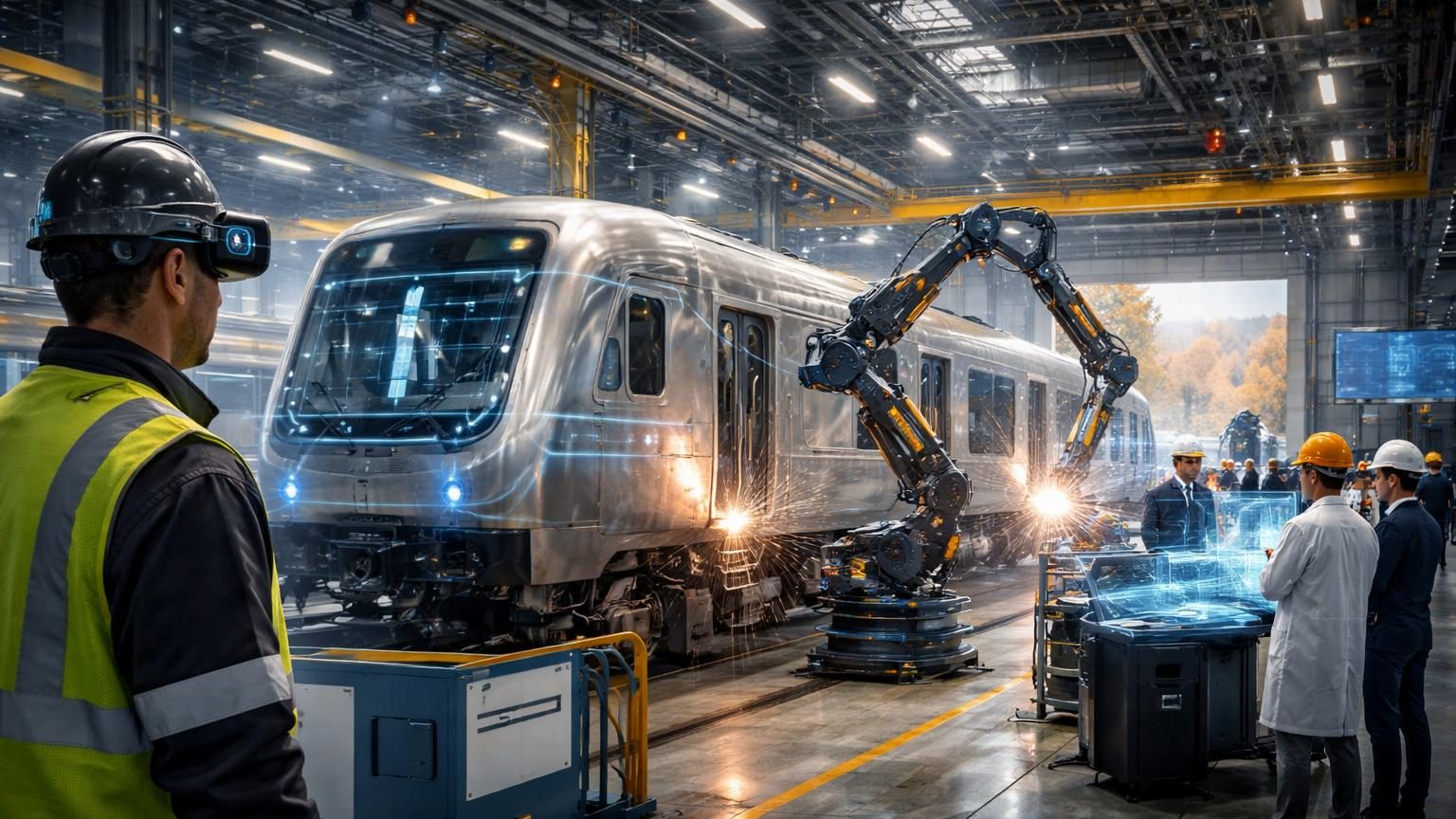 Atelier industriel moderne avec chaîne de production de pièces ferroviaires, ouvriers et robots collaborant, écrans et capteurs numériques intégrés aux machines