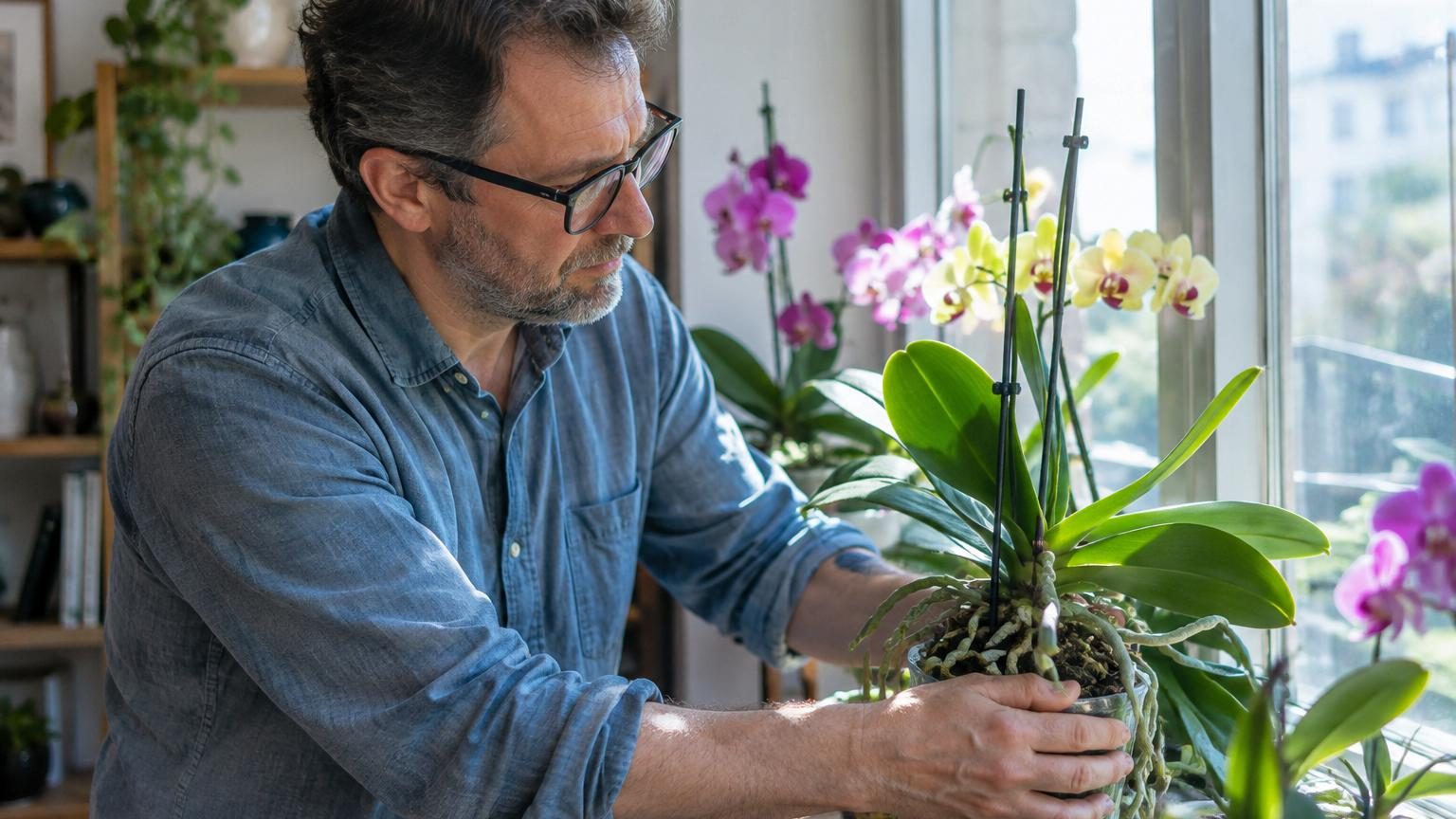 Une orchidée avec des feuilles vertes vigoureuses et des racines aériennes visibles à travers un pot transparent, placée près d'une fenêtre lumineuse.