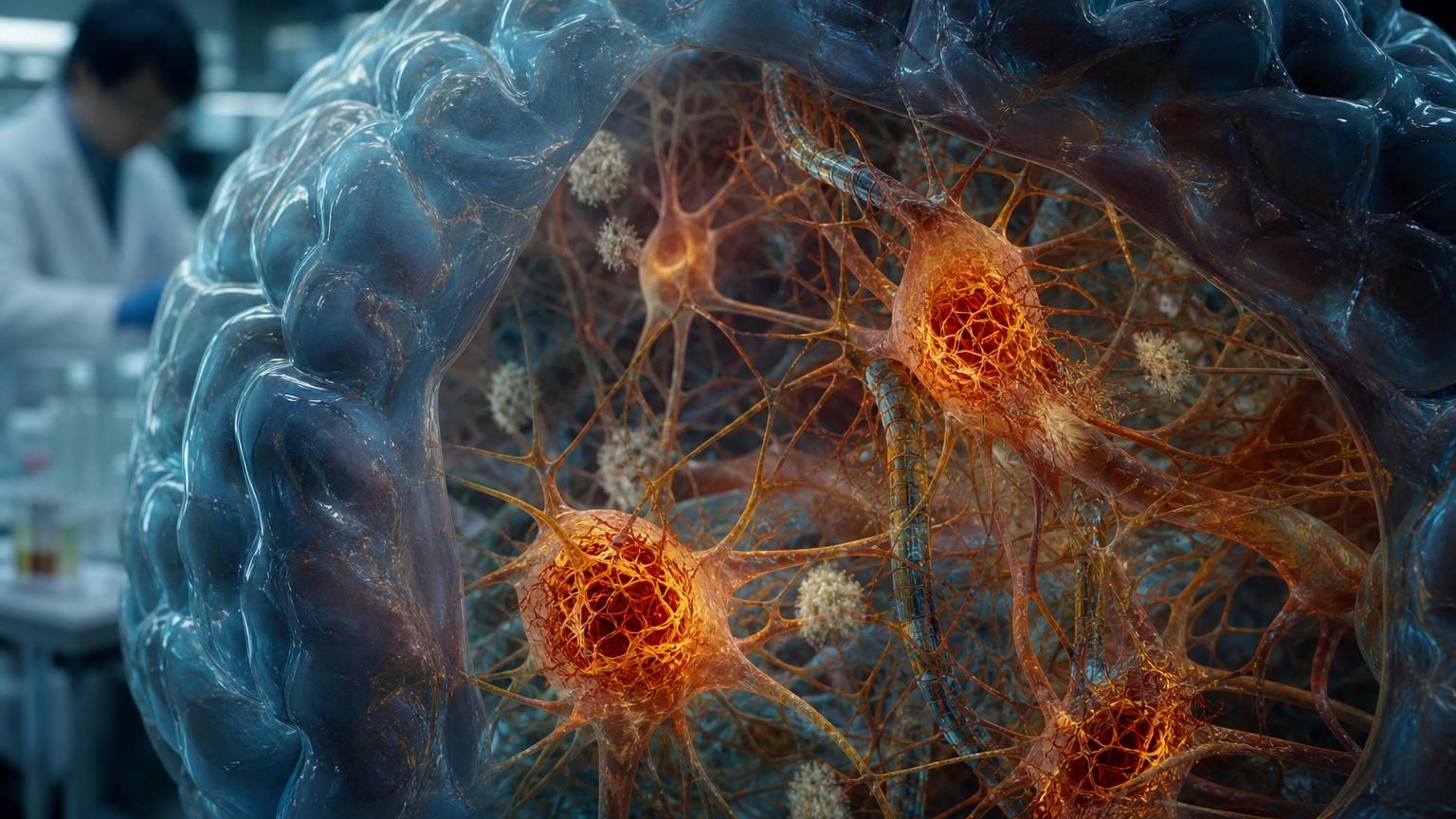 Illustration conceptuelle montrant une protéine tau anormale s'accumulant dans un neurone, perturbant ses structures internes et ses échanges avec d'autres cellules nerveuses.