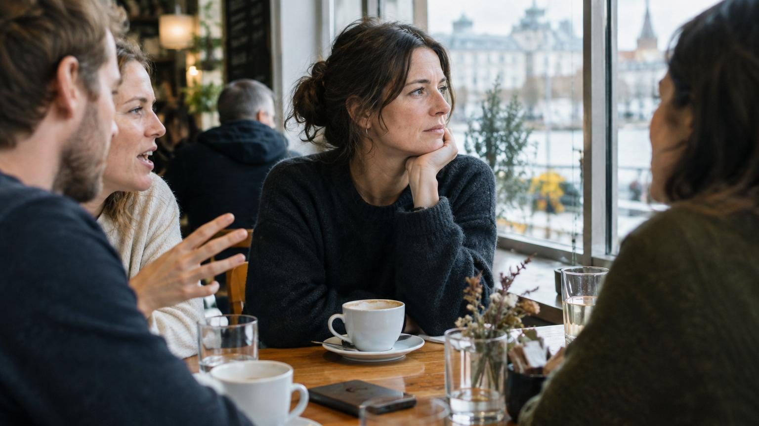 Personne seule regardant son téléphone entourée d'un réseau abstrait de points lumineux déconnectés, symbolisant les contacts numériques sans intimité véritable.