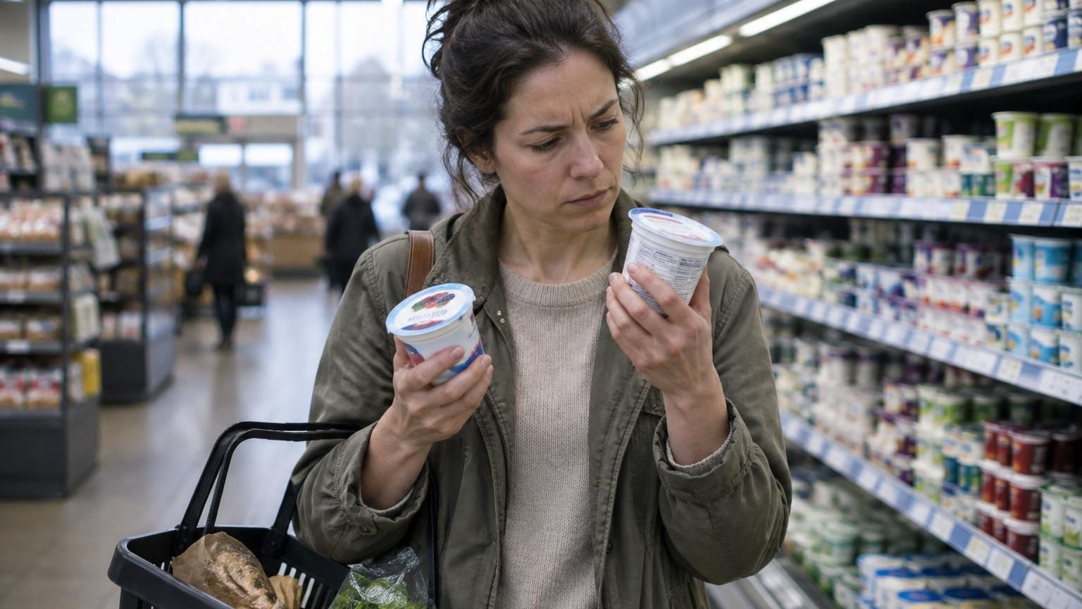 Femme consultant une étiquette de yaourt au supermarché, comparant les ingrédients et le tableau nutritionnel avant de faire son choix.