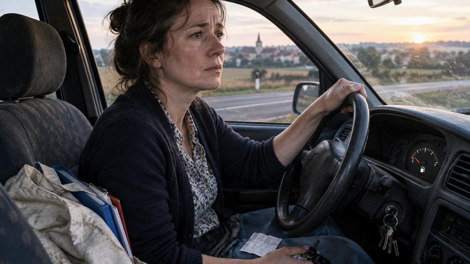Une femme enseignante en voiture sur une route rurale déserte à l'aube, le compteur kilométrique visible, symbole du trajet quotidien épuisant