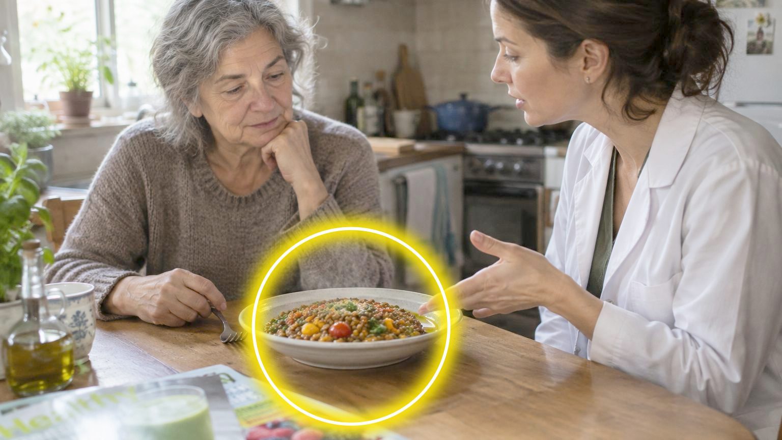 Un bol de lentilles corail tièdes accompagnées de cubes de carottes, courgettes et filet d'huile d'olive, plat simple et équilibré.