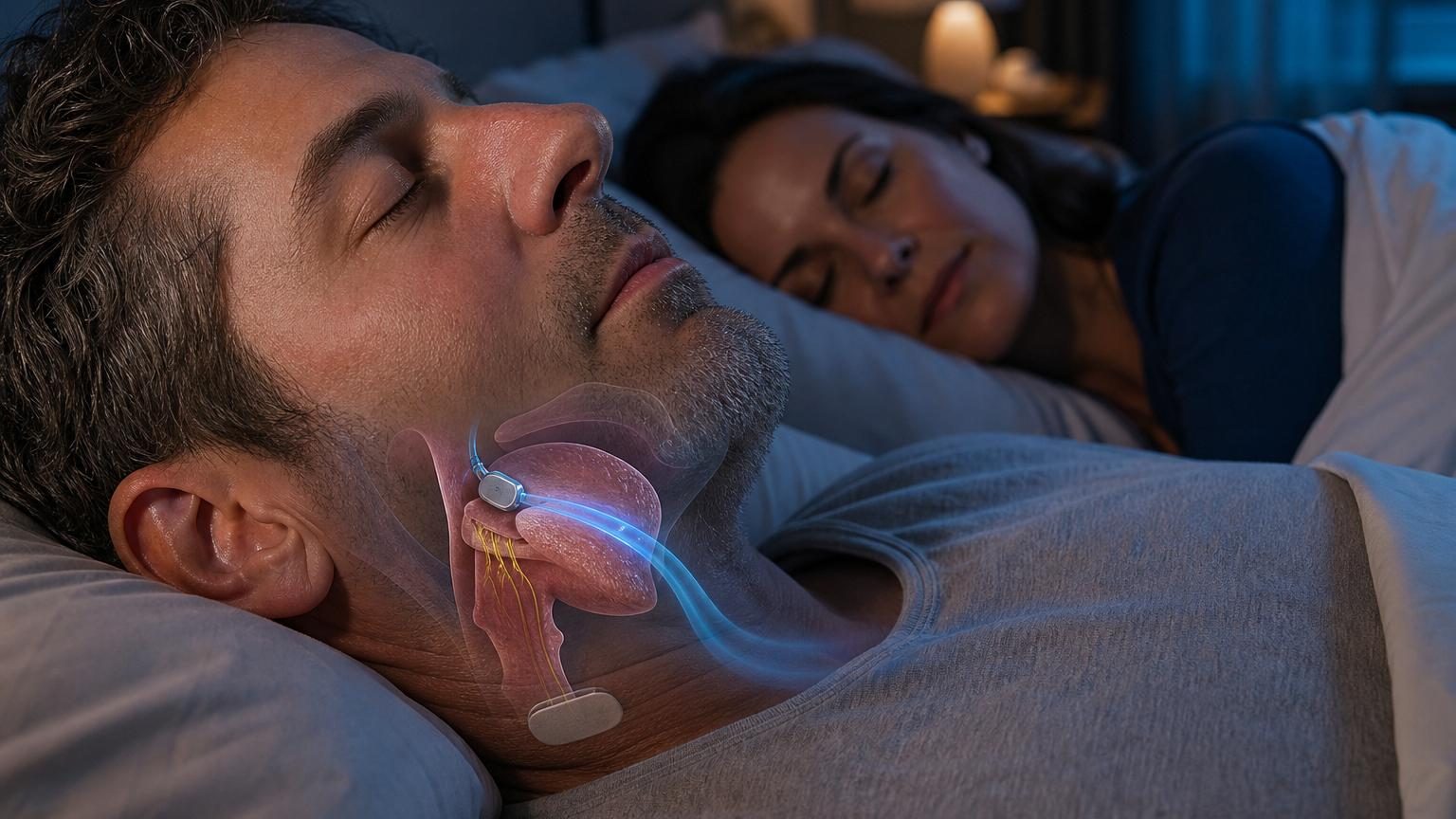 Vue schématique ou illustration médicale montrant le placement d'un implant Genio sous le menton et dans la poitrine, avec un patient dormant paisiblement et les voies aériennes dégagées.