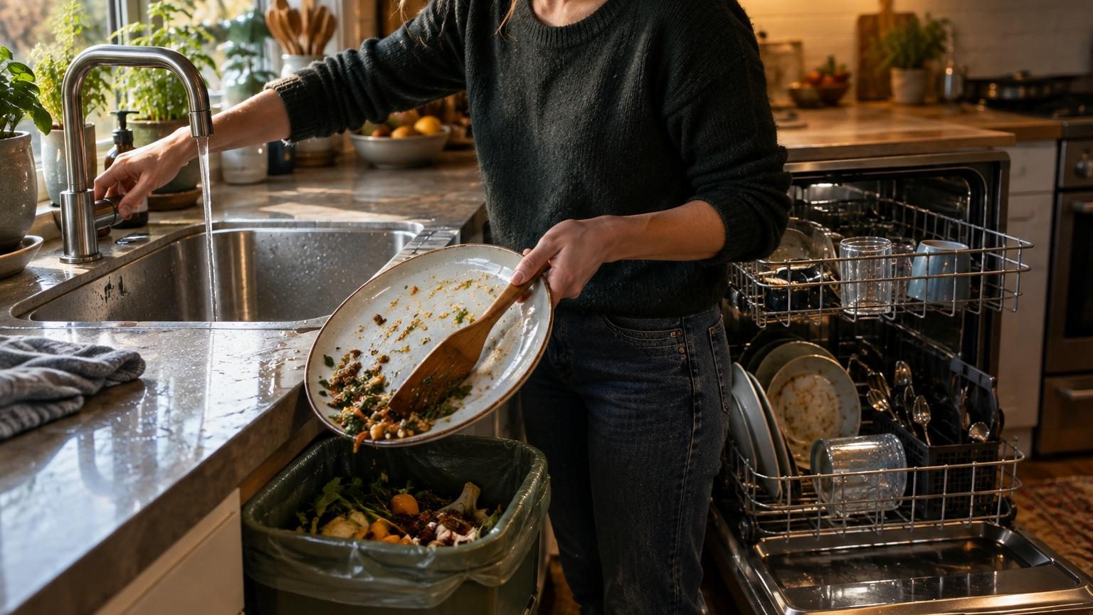 Lave-vaisselle moderne avec panier chargé de vaisselle variée (assiettes, verres, couverts) bien organisée, sans eau de rinçage coulant du robinet