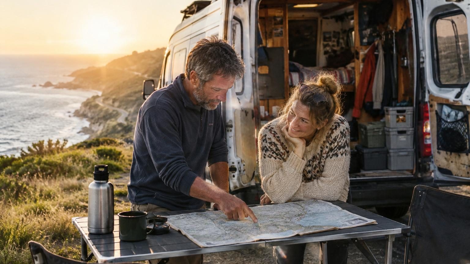 Intérieur cosy d'un camping-car avec table rabattable, deux personnes buvant du café face à des paysages montagneux visibles par les vitres.
