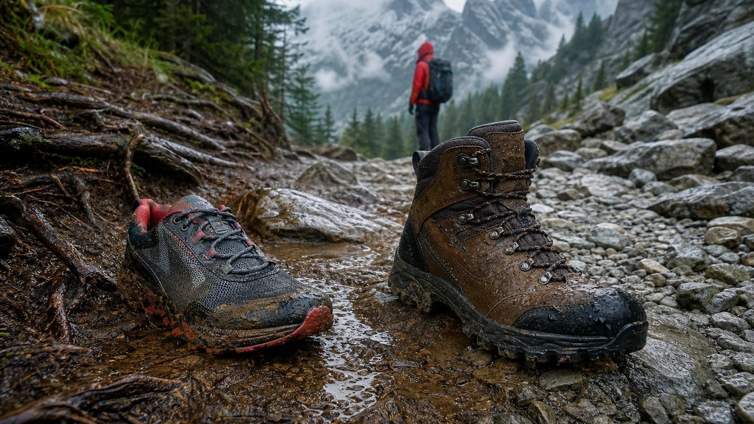 Chaussures de randonnée variées exposées, montrant différents modèles d'adhérence et de structure pour diverses conditions de sentiers et de terrain.