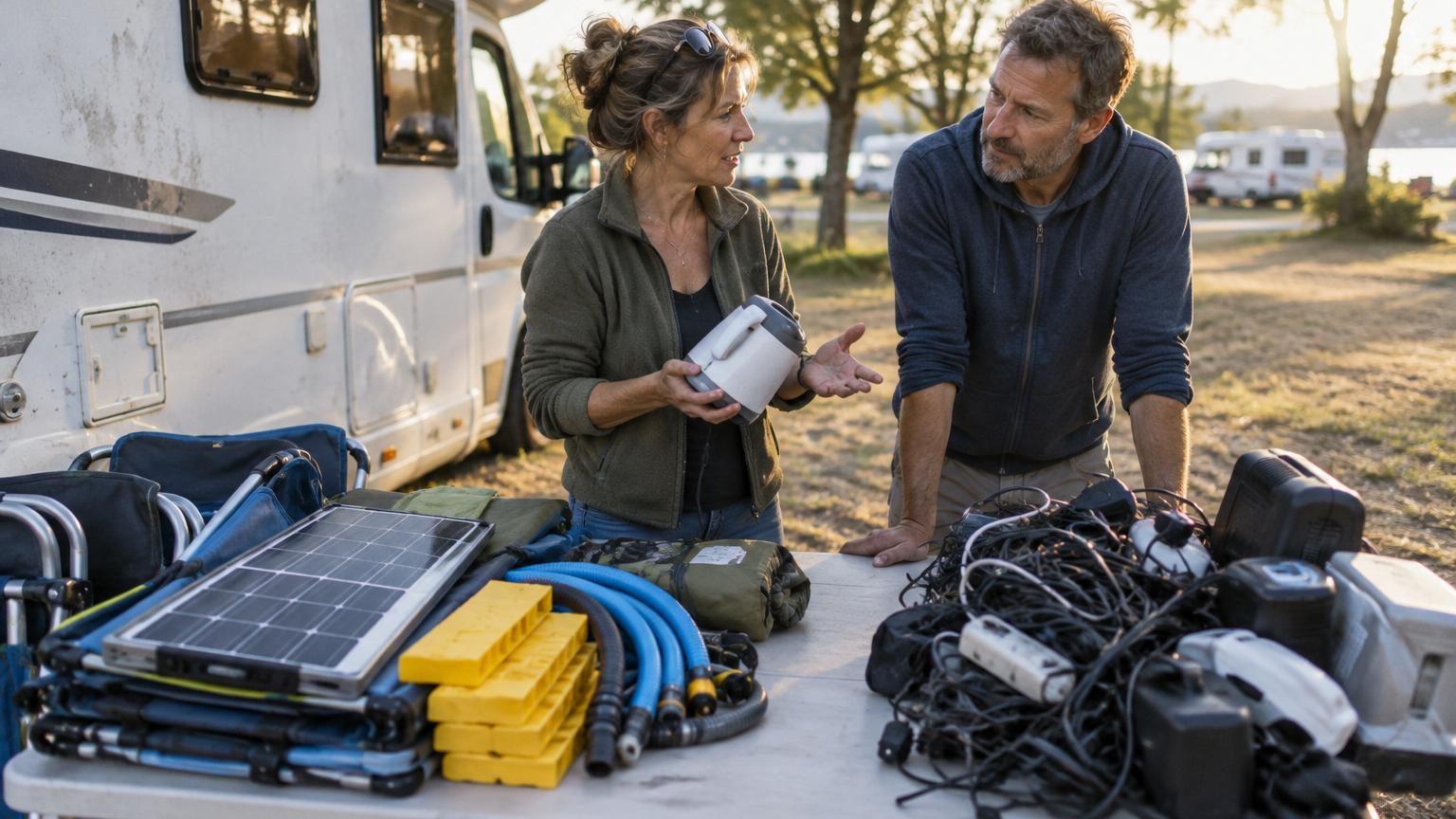 Couple assis à une table à l'intérieur d'un camping-car, pluie sur le toit, déroulant une carte froissée avec deux colonnes manuscrites « À racheter » et « À bannir »
