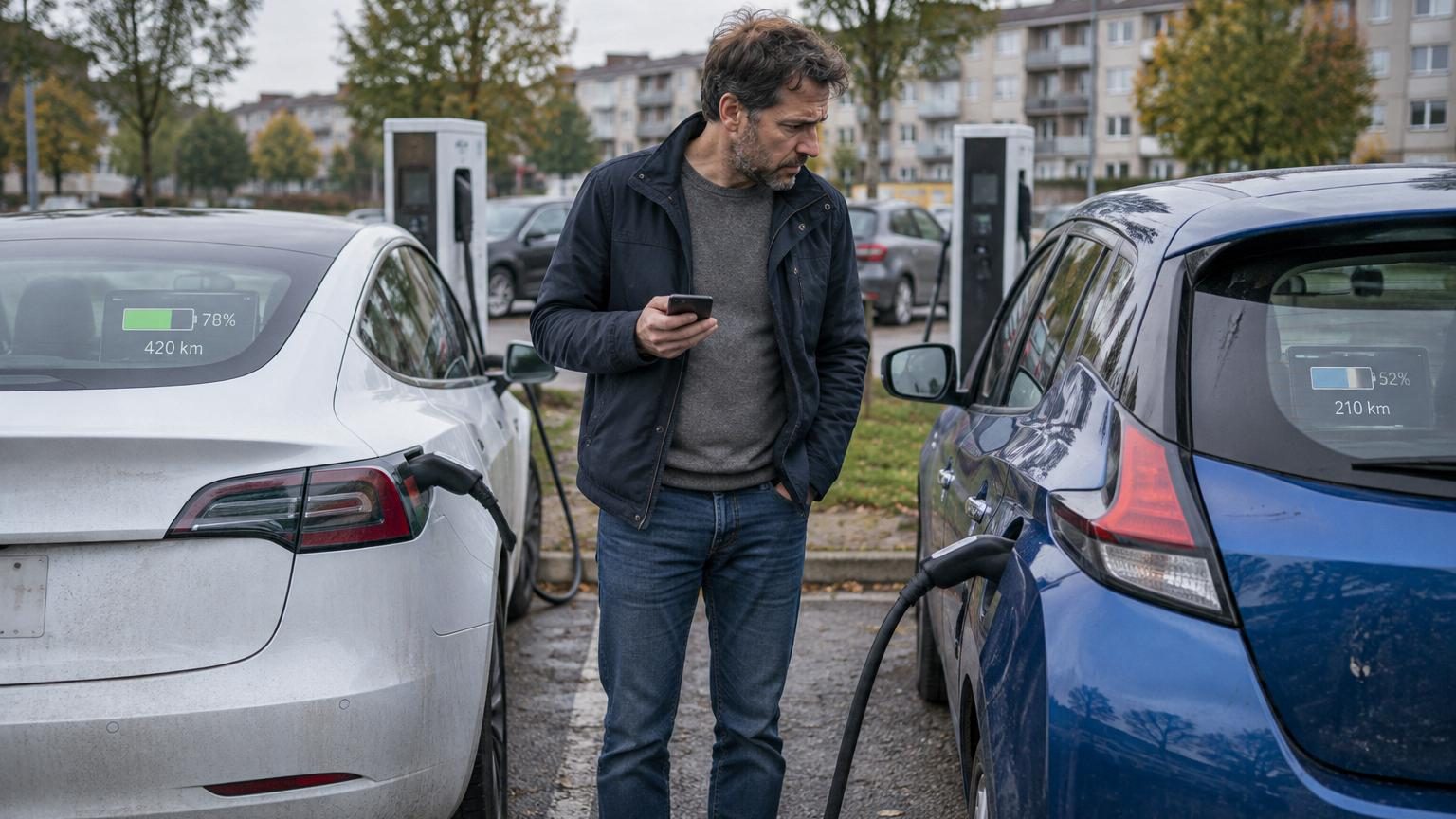 Comparaison de quatre modèles de voitures électriques avec graphiques montrant la dégradation de leur autonomie de batterie en fonction du kilométrage parcouru
