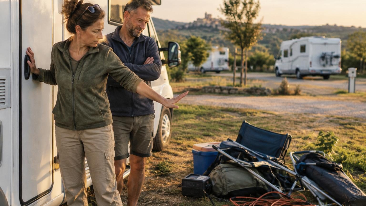 Un couple dans un camping-car stationnés au coucher de soleil face à l'océan, entourés de nombreux autres véhicules serrés les uns contre les autres sur une aire aménagée.