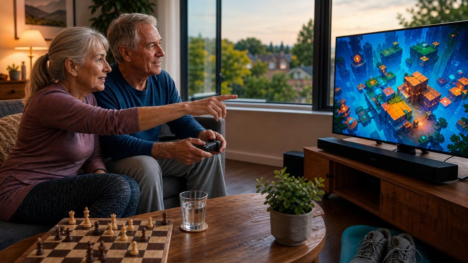 Adulte de plus de 30 ans jouant à la console dans son salon, tenant une manette, concentré sur l'écran.