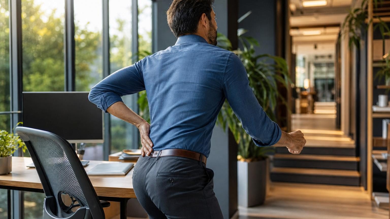 Personne assise à son bureau se levant progressivement avec la main au bas du dos, illustrant le réflexe de bouger régulièrement pour soulager la lombalgie.
