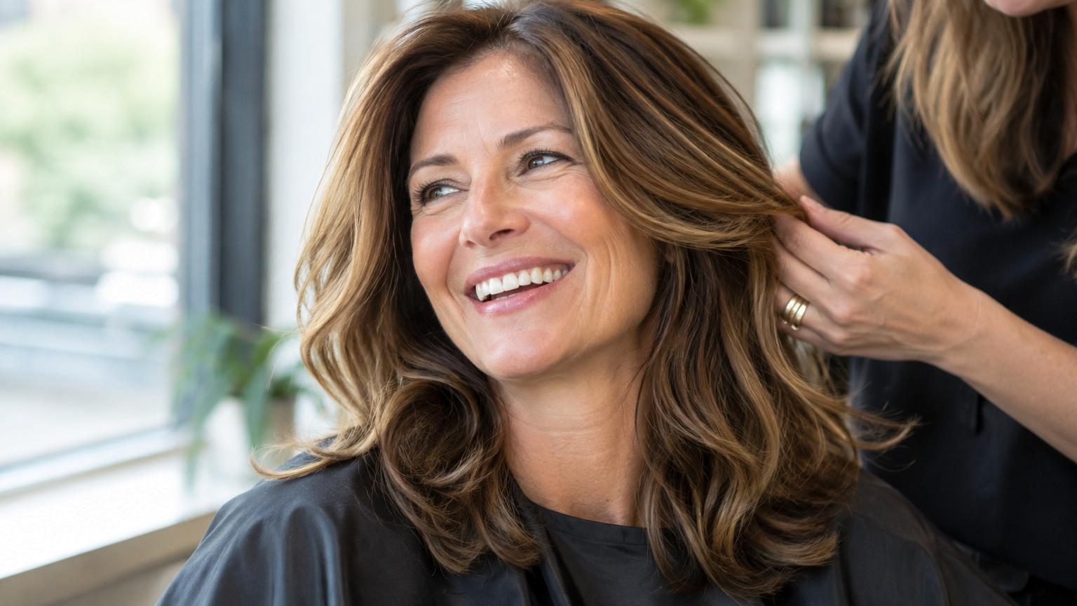 Portrait d'une femme de plus de 50 ans aux cheveux blonds vanille fondu avec balayage subtil, coiffure ondulée légère, illuminant naturellement son visage sans contraste agressif.