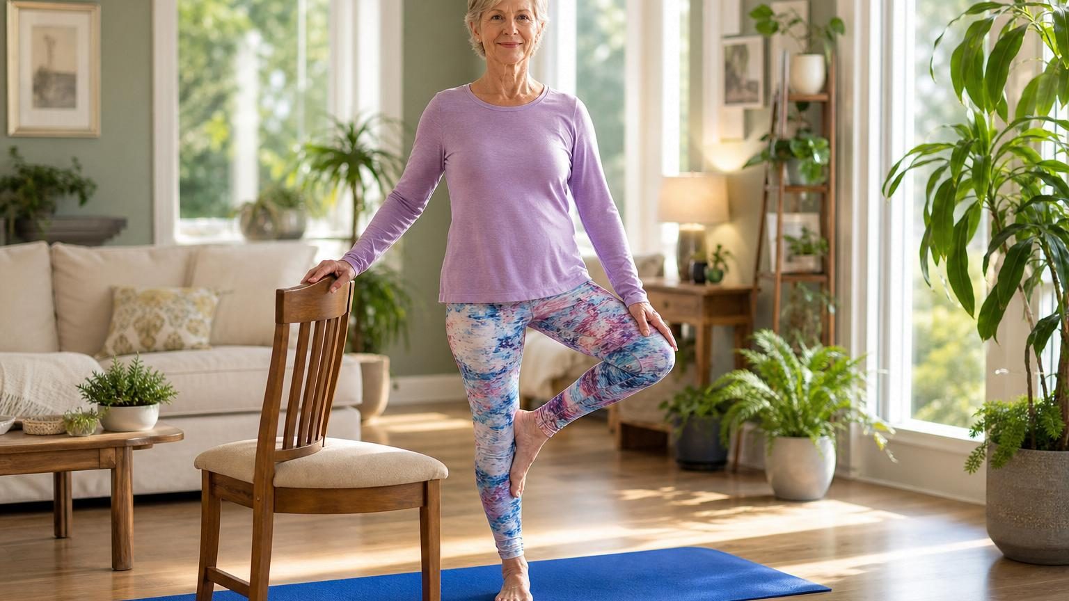 Personne âgée effectuant une posture de yoga sur un tapis clair dans un salon lumineux, près d'une chaise d'appui.