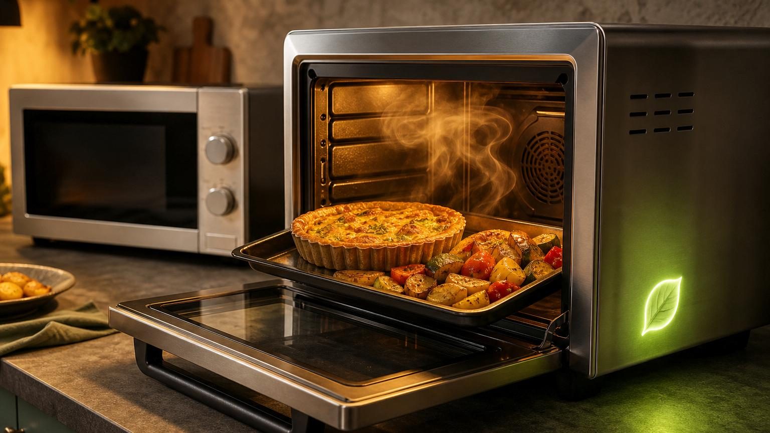 Un four à convection compact posé sur un plan de travail, avec ses grilles internes visibles et des aliments rôtis dorés à l'intérieur