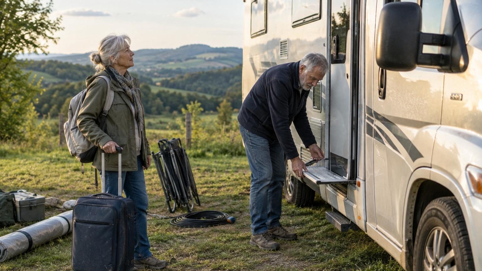 Jean et Marie debout près de leur camping-car garé, regard pensif vers l'horizon, campagne à l'arrière-plan sous un ciel couvert.