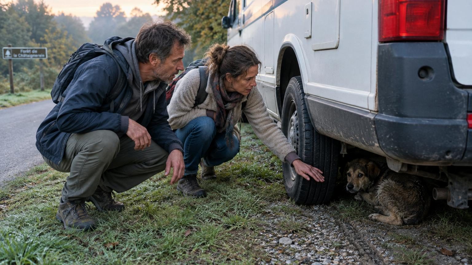 Camping-car garé la nuit près d'un bois sombre avec une lampe torche braquée vers le dessous du véhicule, révélant les contours du châssis et de l'essieu