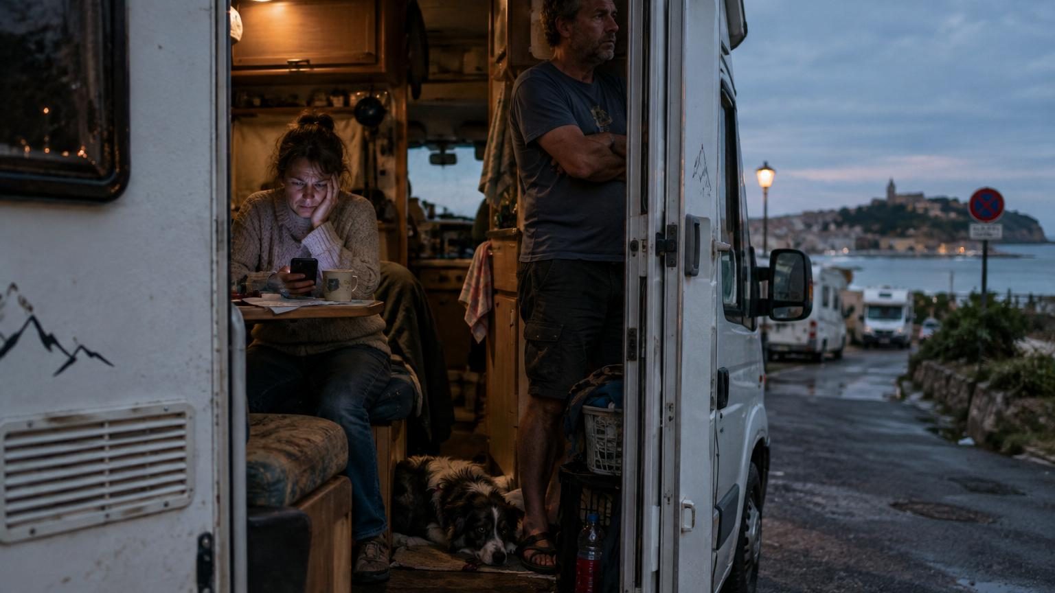 Couple assis face à des montagnes depuis leur camping-car, l'un consultant son téléphone avec une expression préoccupée tandis que le soleil se couche.