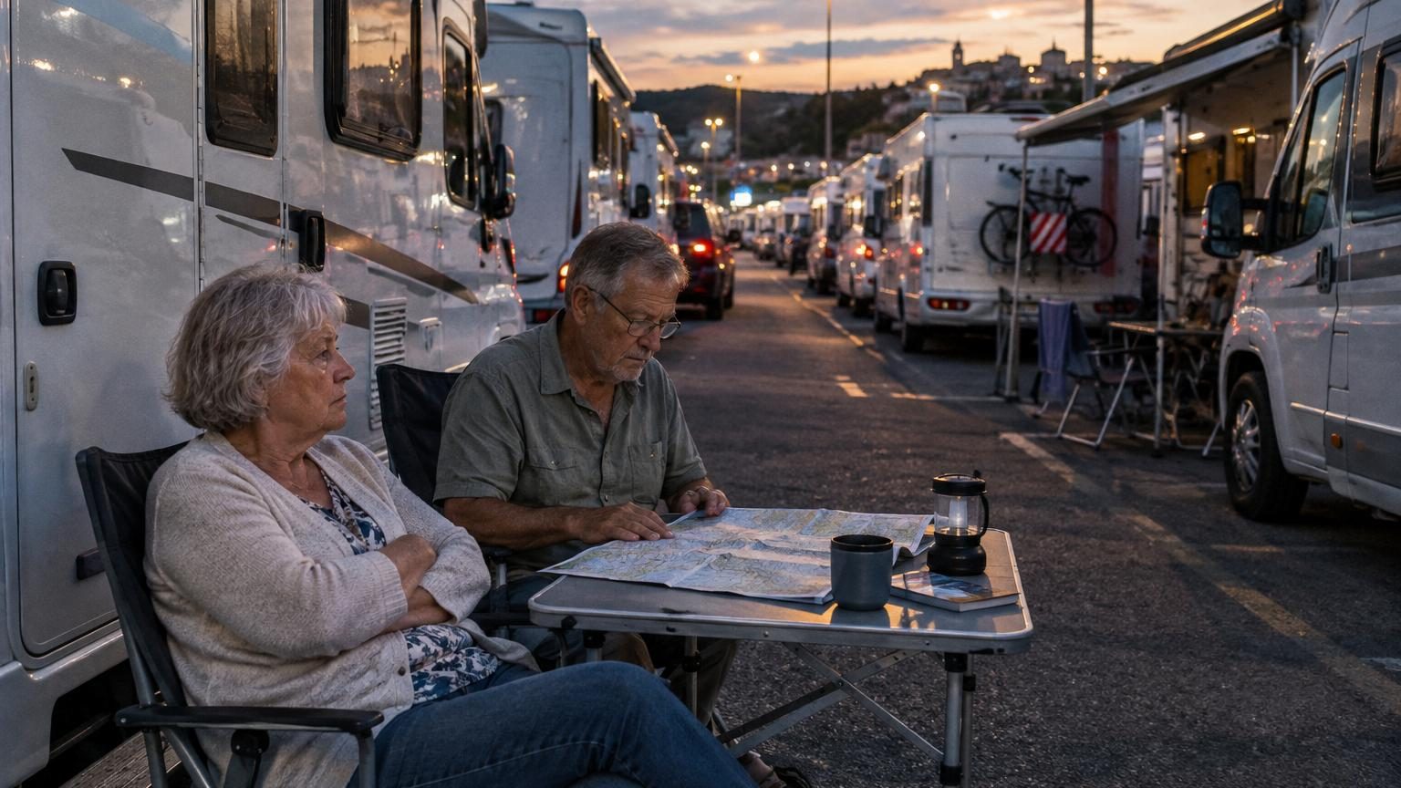 Deux camping-cars garés côte à côte sur une aire de stationnement, illustrant la promiscuité et la densité des places typiques des aires de camping-car urbaines.
