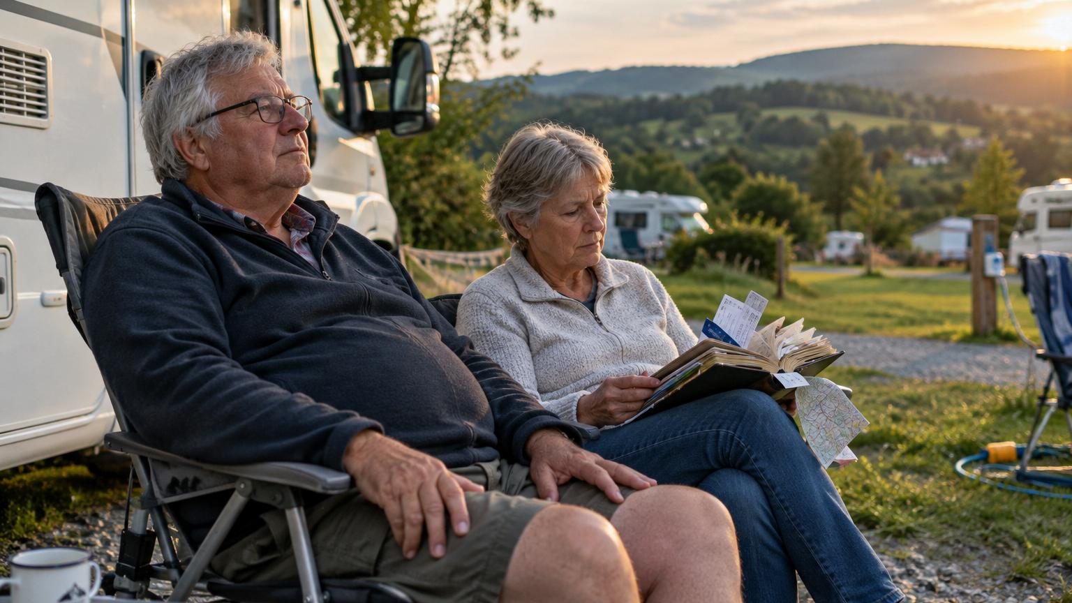 Michel et Anne dans leur camping-car blanc, stationnés sur une aire de Corrèze, le couple échangeant un regard pensif après deux ans de voyage intensif.