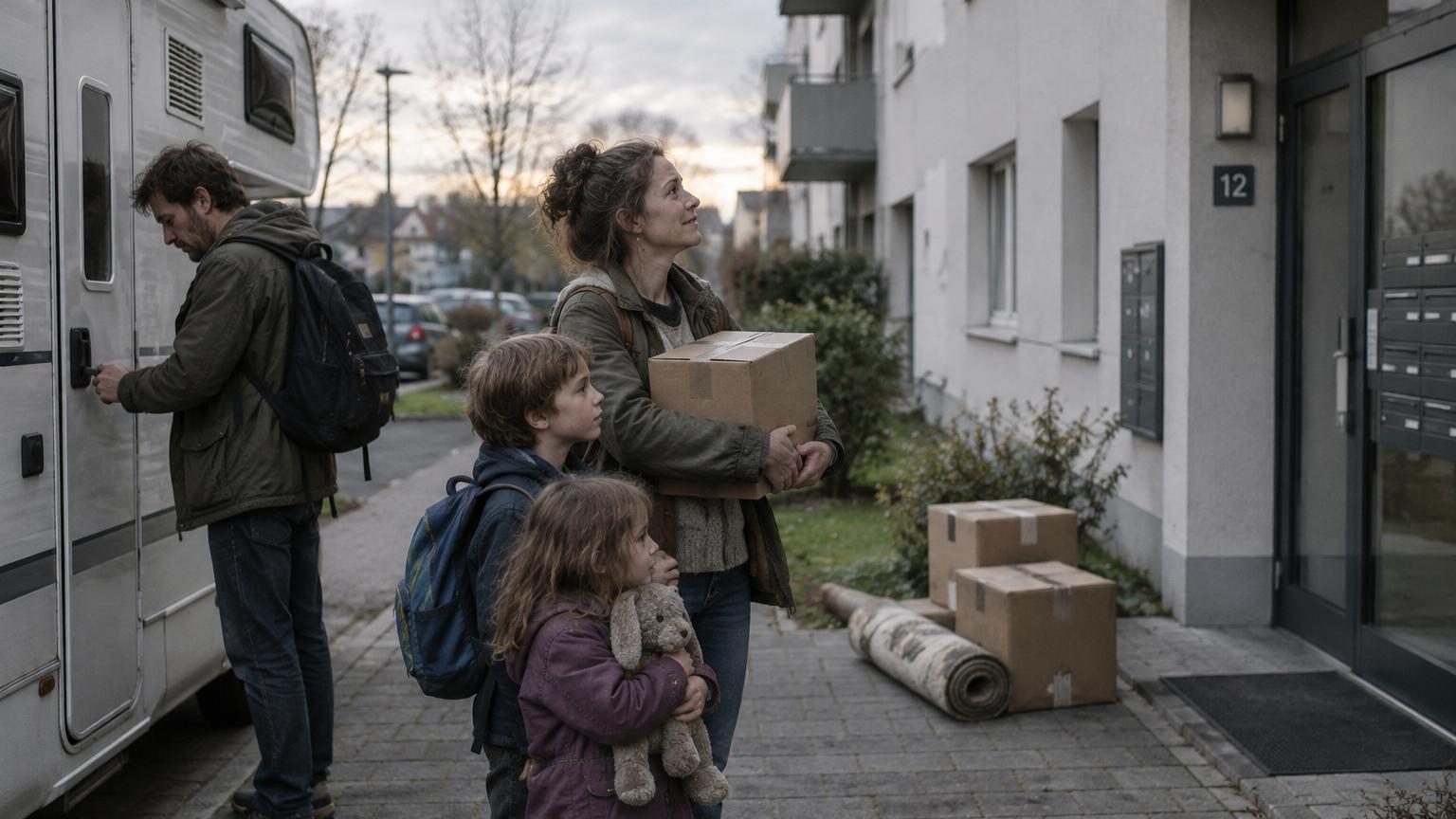 Un camping-car blanc chargé attend devant une maison vendue, avec des cartons empilés dans le couloir et une photo de famille sur le trottoir, symbolisant le moment où le rêve de liberté en vanlife s'apprête à affronter la réalité du quotidien confiné.