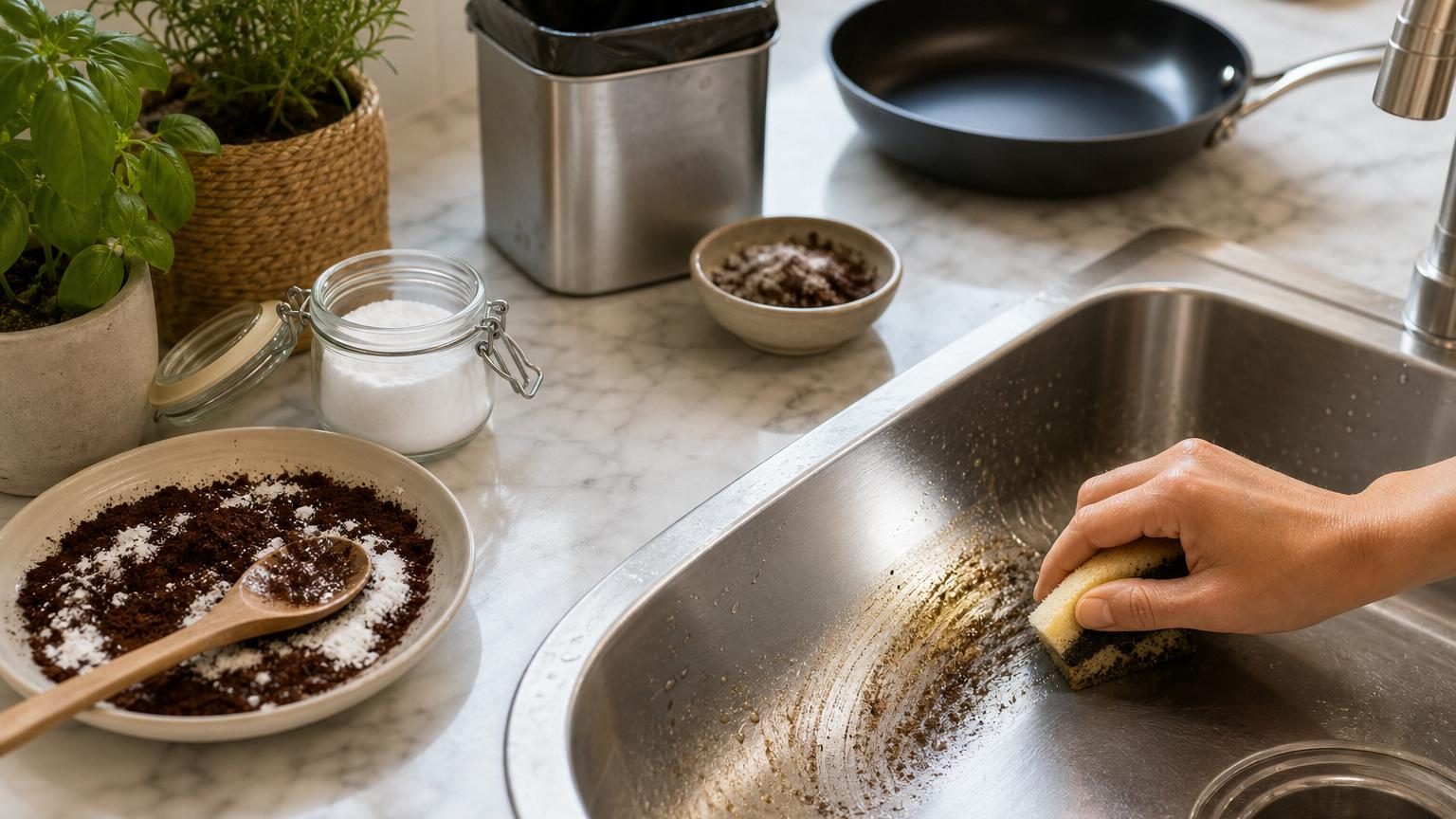 Un bol contenant un mélange granuleux marron clair, une cuillère à côté, et des grains de marc de café sec dispersés sur une surface claire.