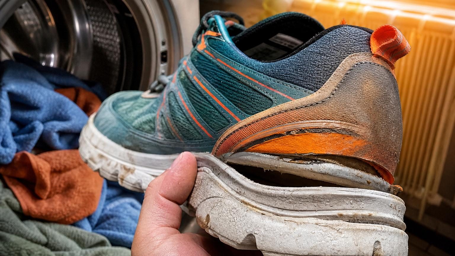 Détail d'une chaussure de sport présentant des fissures et un décollement entre la partie textile et la gomme à la jonction inférieure.