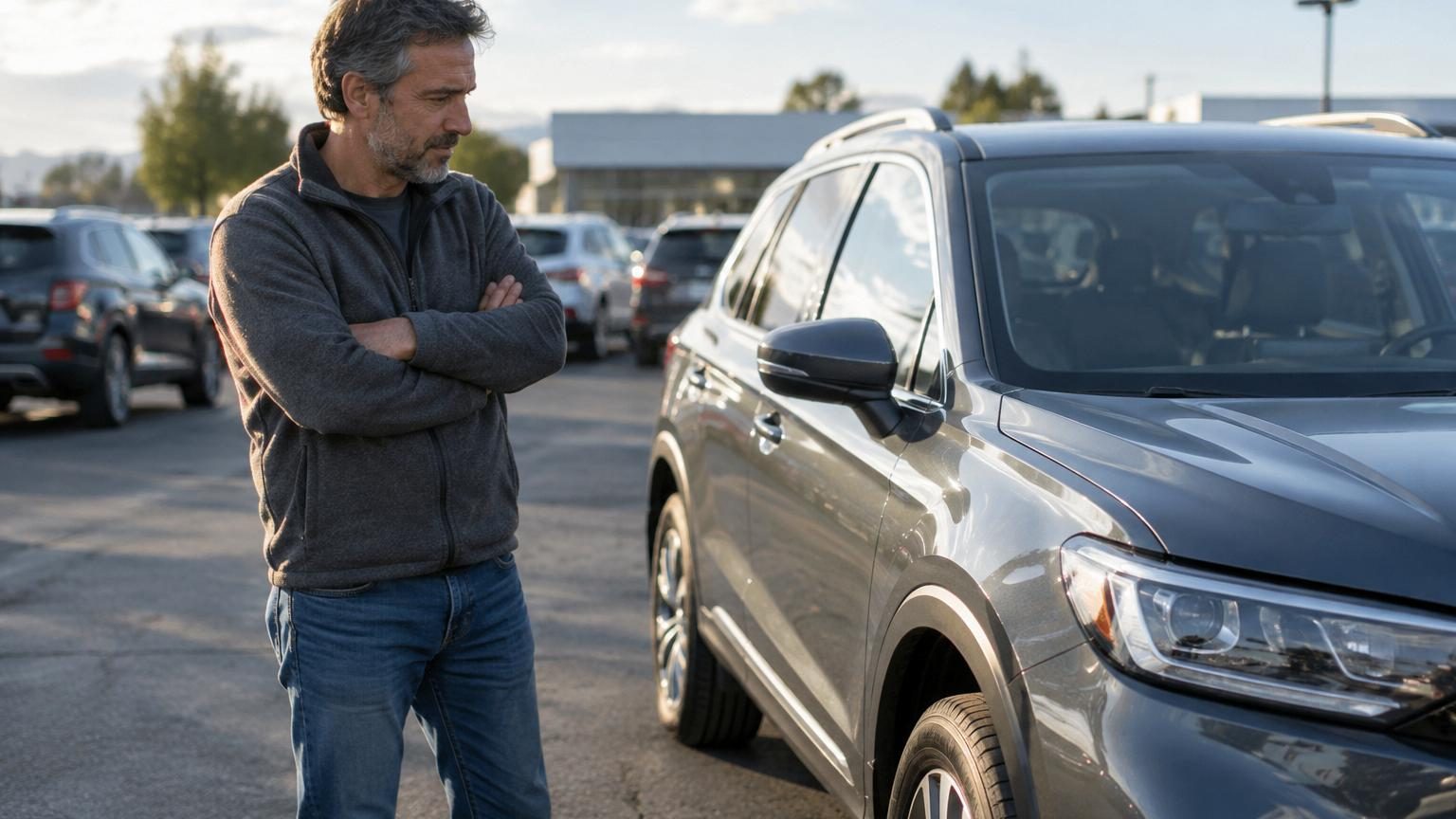 Un conducteur d'âge mur examine attentivement l'intérieur d'une voiture SUV grise lors d'une deuxième visite, vérifiez l'espace pratique et l'ergonomie avant signature.