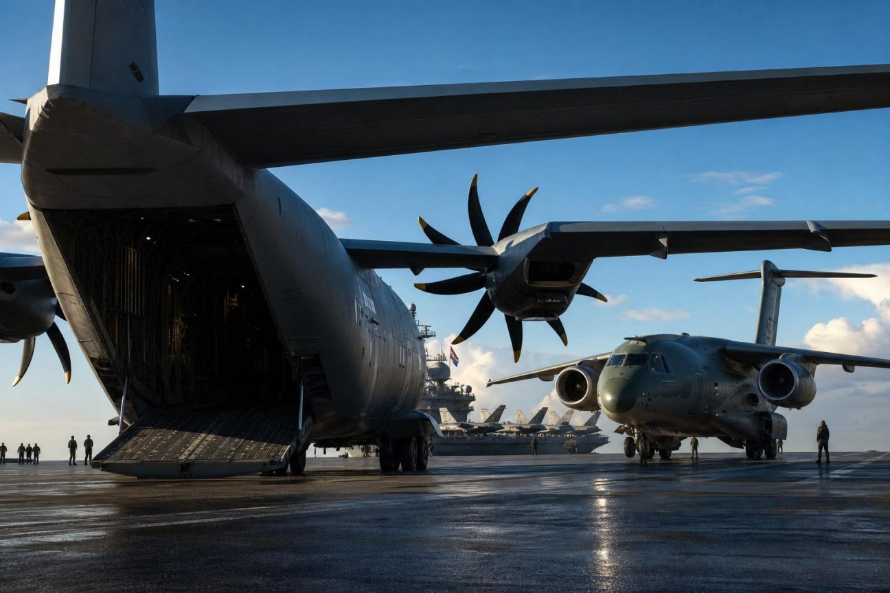 Avions militaires de transport alignés sur un tarmac lors d'une présentation industrielle, illustrant la compétition aéronautique internationale.
