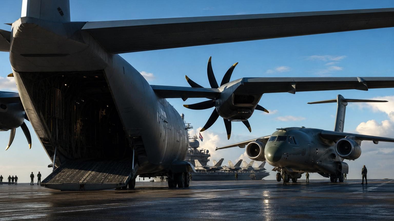Avions militaires de transport alignés sur un tarmac lors d'une présentation industrielle, illustrant la compétition aéronautique internationale.