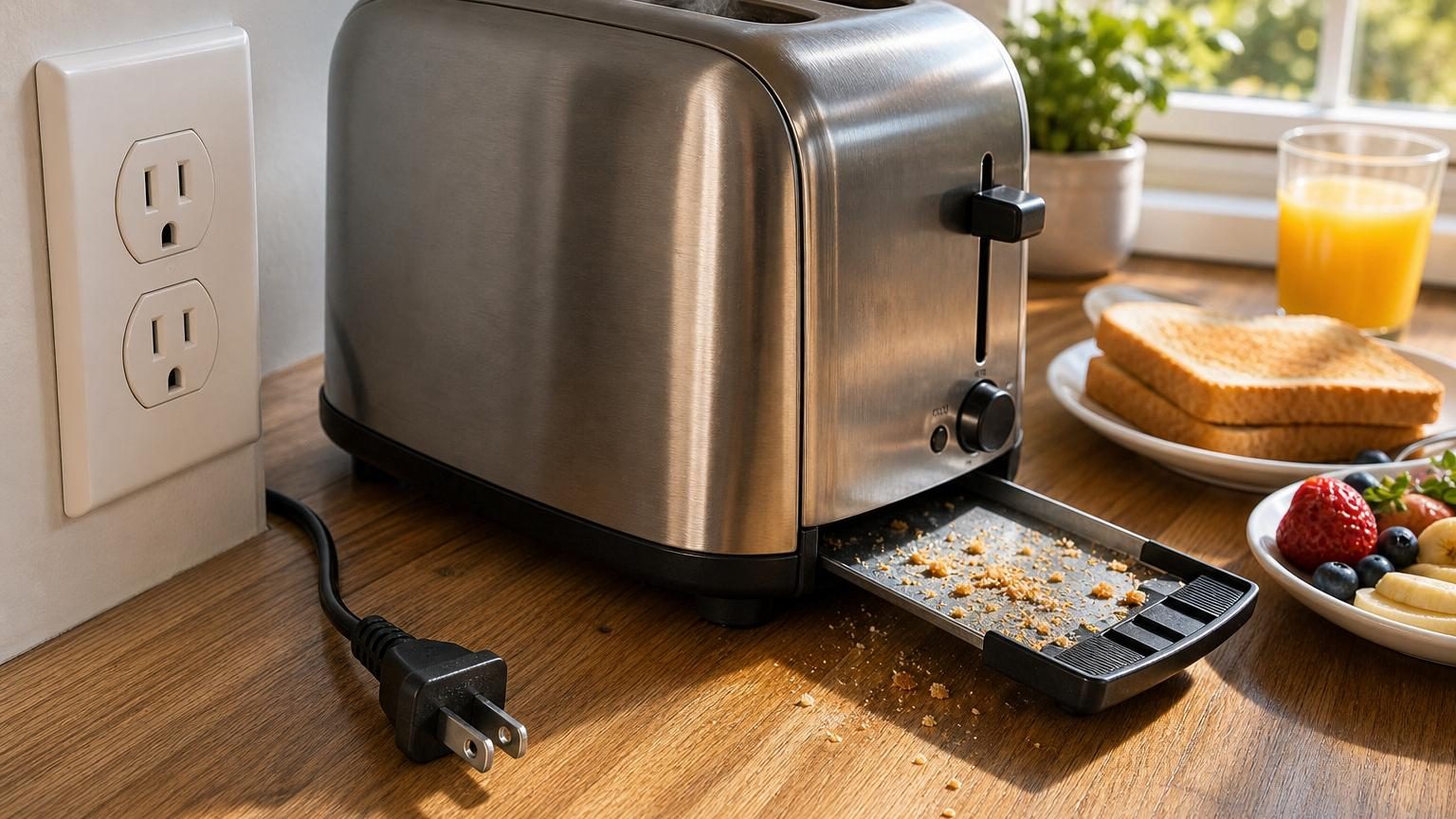 Vue de dessus d'un grille-pain posé sur un plan de travail de cuisine dégagé, avec une main retirant la prise électrique de la prise murale en arrière-plan.