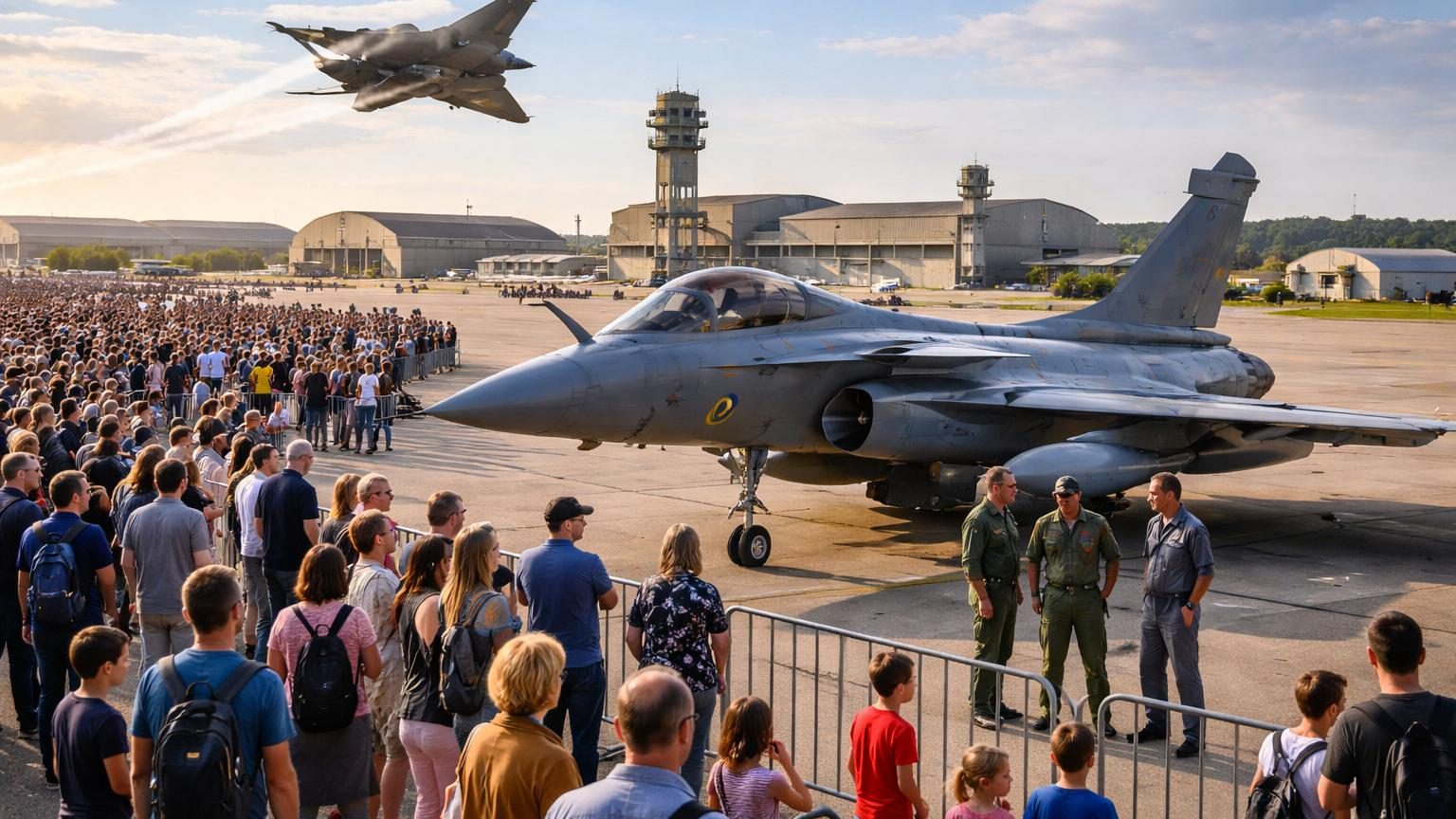 Un avion Rafale en vol effectuant une démonstration acrobatique au-dessus de la base aérienne 113 de Saint-Dizier, avec des spectateurs observant depuis le sol.