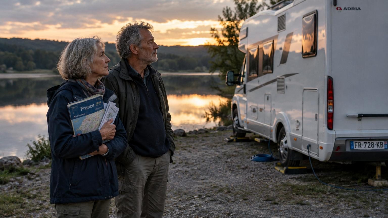 Un homme et une femme assis à l'intérieur d'un camping-car stationnée au bord d'un lac, l'air pensif, regardant l'eau par la fenêtre ouverte.