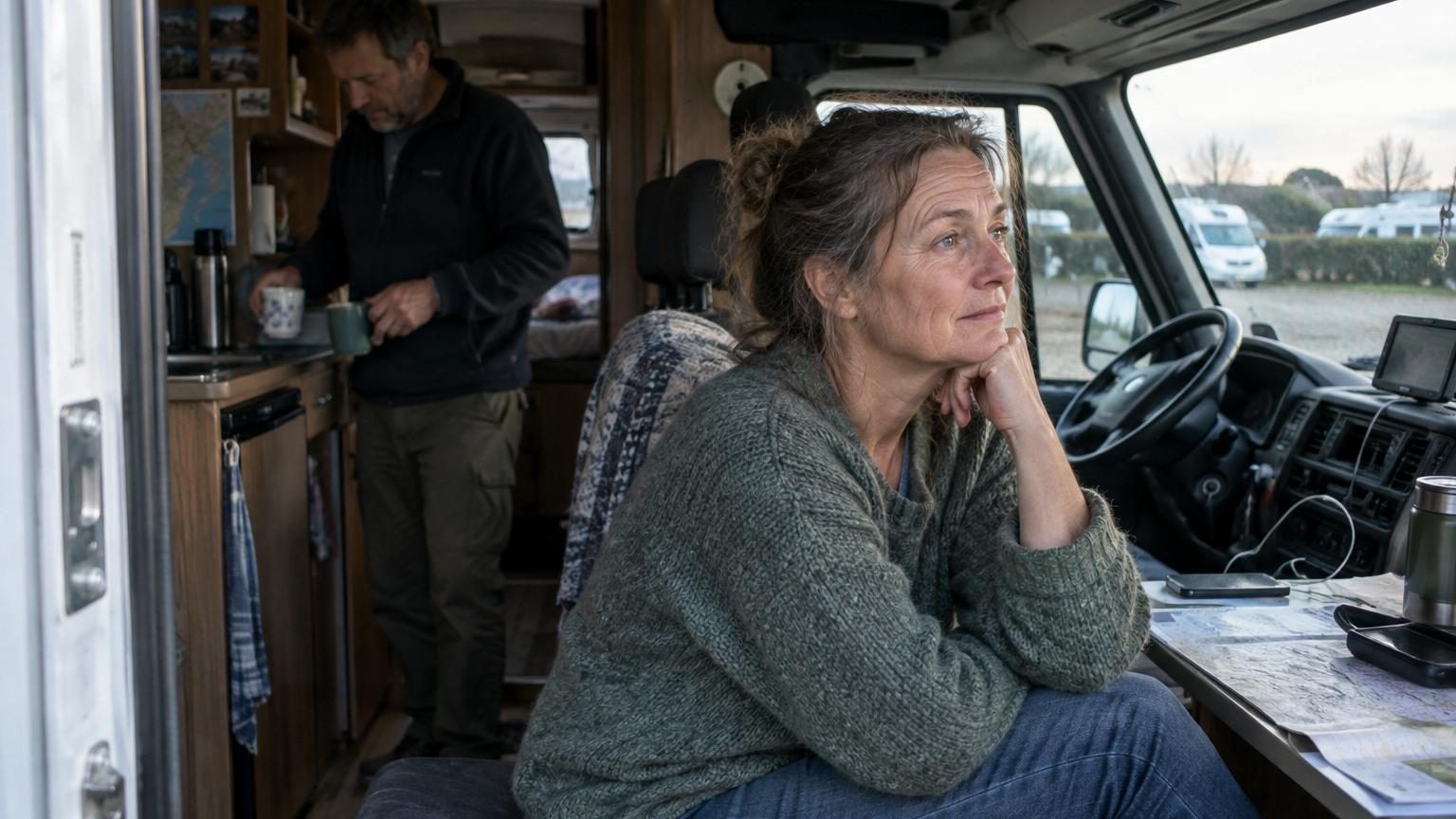Intérieur d'un camping-car avec Marc qui range des tasses près du pare-brise affichant une aire de repos ; Claire regarde penssivement par la fenêtre vers un paysage extérieur.