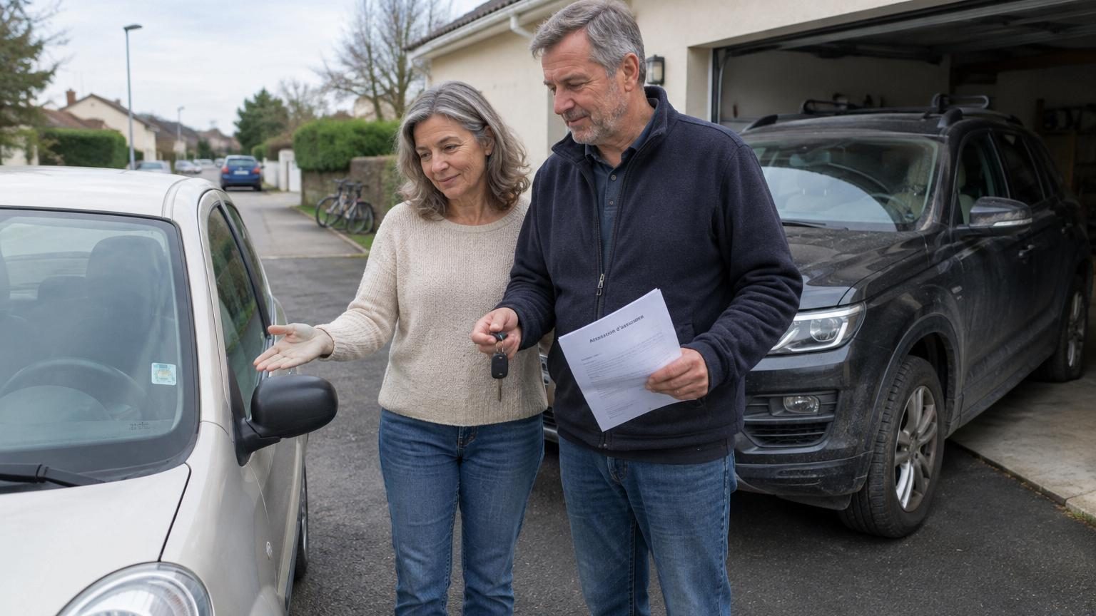 Un couple assis dans une citadine compacte sans équipements high-tech, partageant un sourire de soulagement en découvrant la simplicité et la maniabilité de leur nouveau véhicule.
