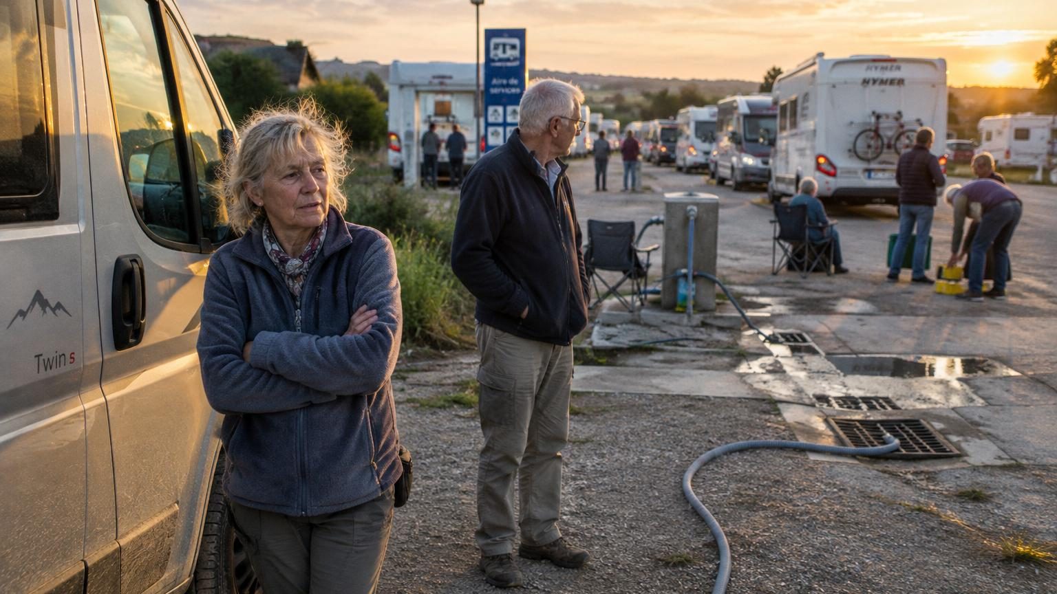 Un couple de retraités assis près de leur camping-car sur une aire, observant la file d'attente à la borne de vidange, avec un air las et songeur.