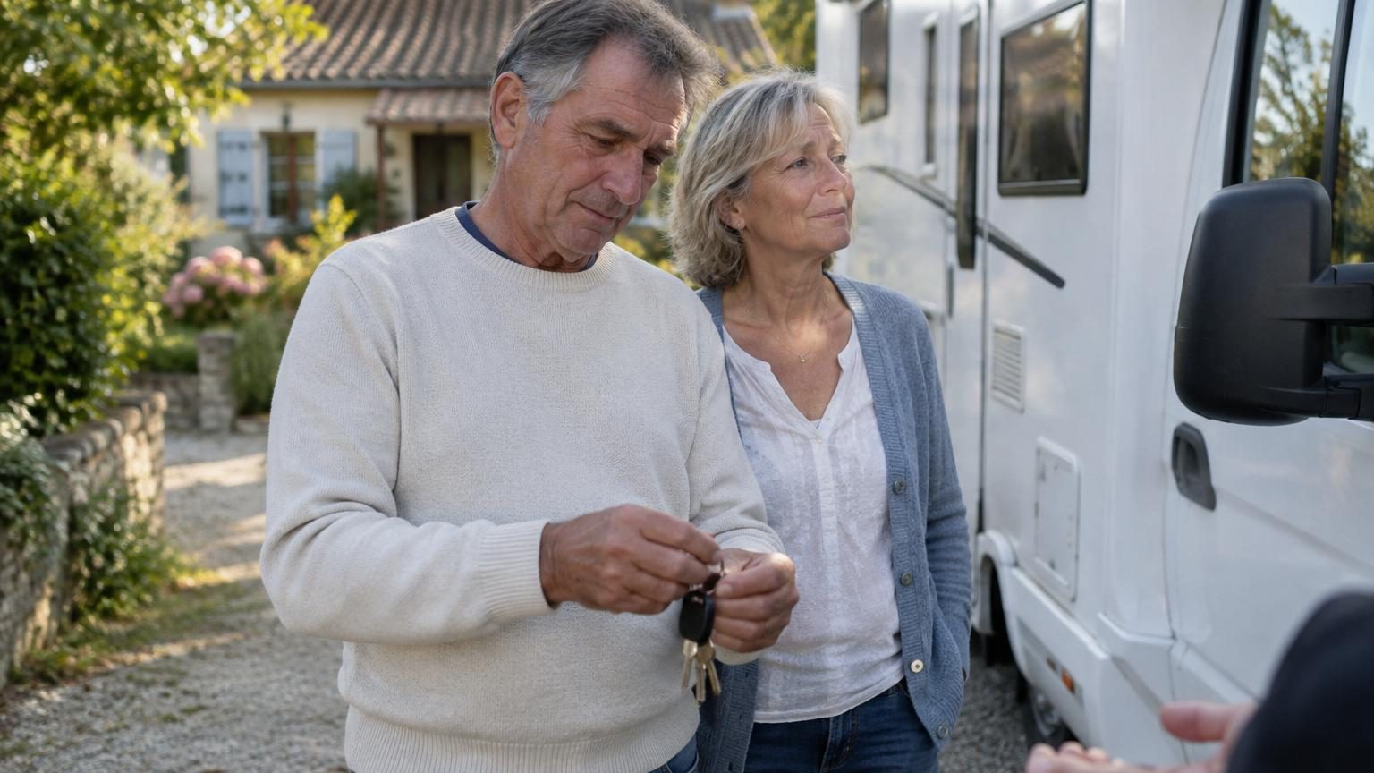 Roland et Mireille, assis dans leur ancien camping-car, regardent par la fenêtre vers un jardin qu'ils ont rarement vu évoluer au fil des années.