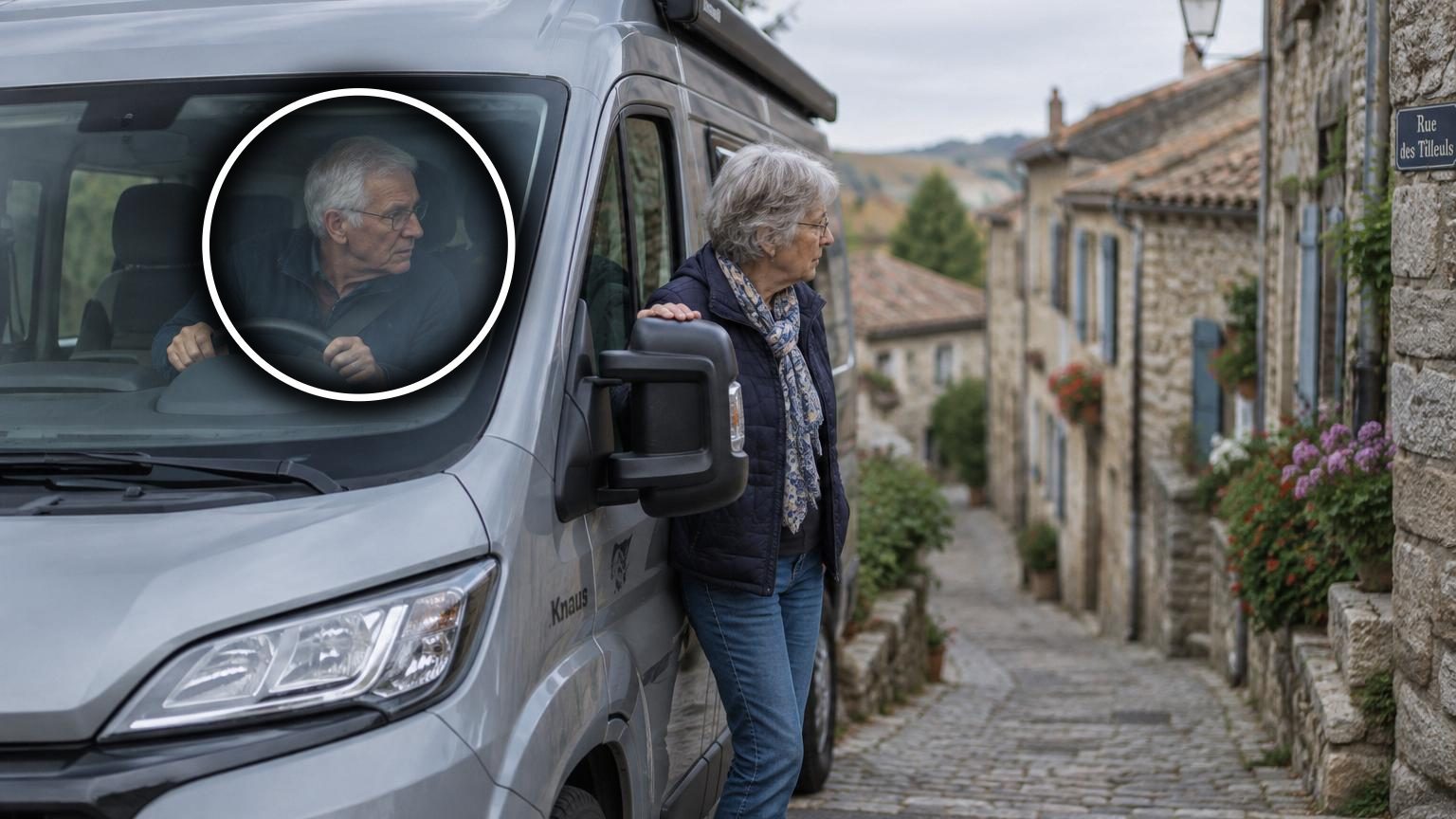 Couple de seniors assis à l'avant d'un petit fourgon aménagé, souriant après avoir abandonné les grands camping-cars stressants pour une vie de voyage plus sereine et maniable.