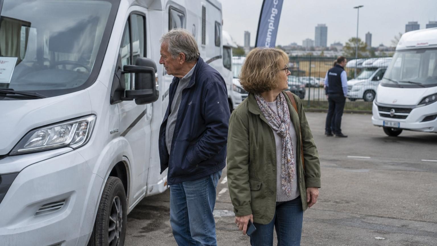 Camping-car blanc stationné sur un parking de concessionnaire, avec un couple observant l'extérieur, symbolisant le départ vers une nouvelle vie sédentaire.