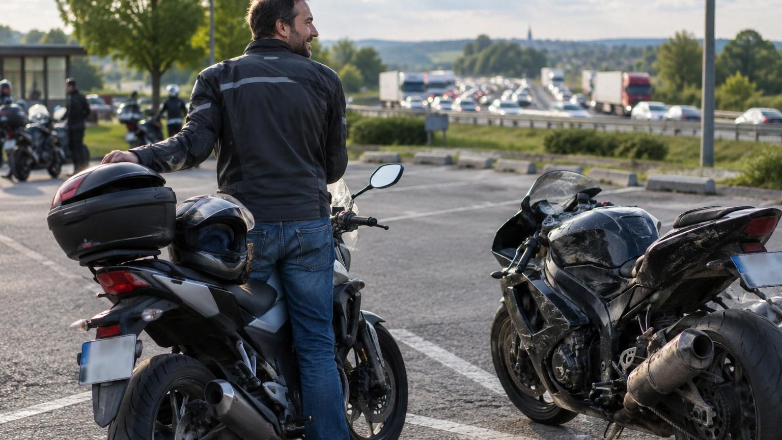 Motard en blouson noir posant fièrement à côté d'une petite moto 500 cm³ bleue dans un parking, souriant en regardant l'autoroute saturée derrière lui.