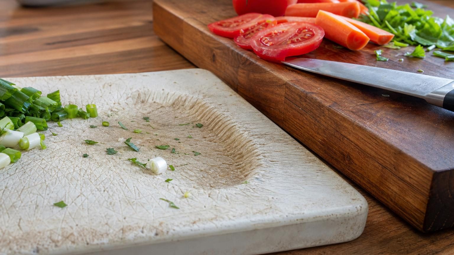 Planche de cuisine en bois massif clair avec légères marques de couteau, posée à la verticale pour sécher, à côté d'une bouteille d'huile minérale et d'une éponge.